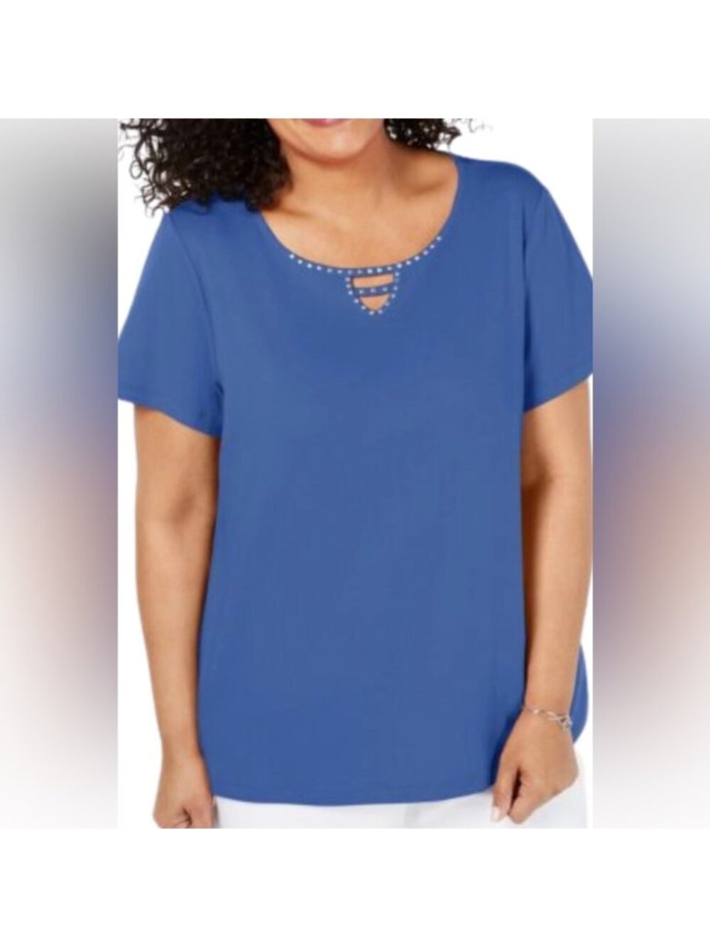 Karen Scott Embellished Neck Knit Top